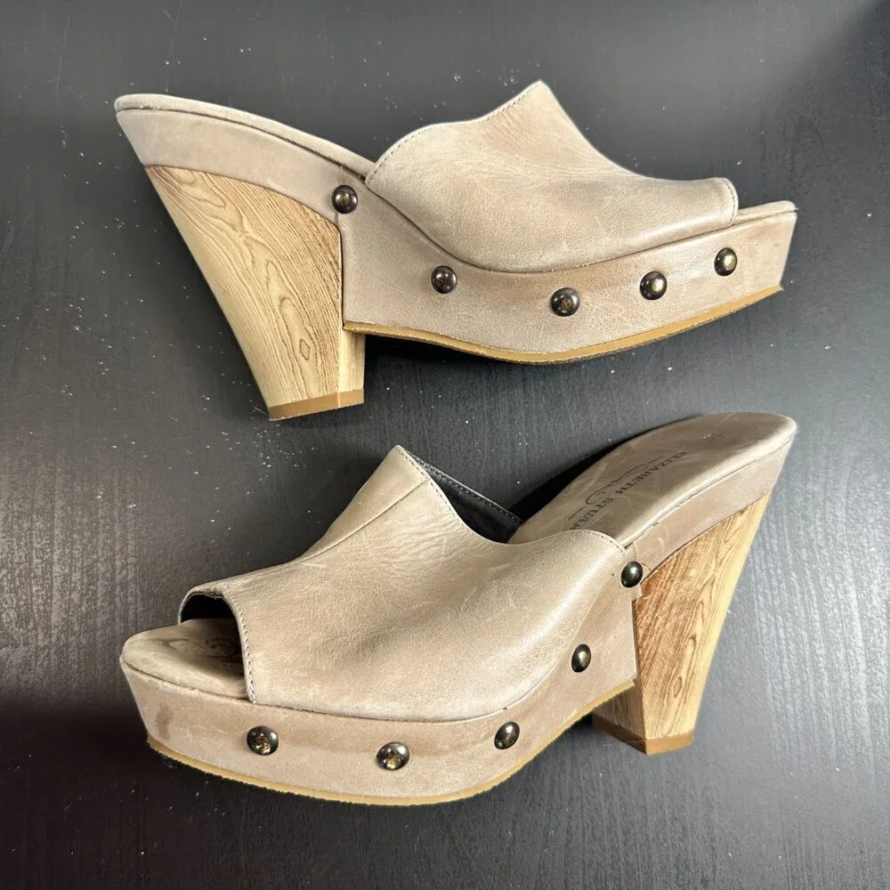 ELIZABETH STUART Studded Neutral Leather Platform Heels Sandals Wood Size 39